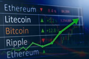 A screen with different cryptocurrency names listed with their value. A green arrow points up demonstrating raising values. 